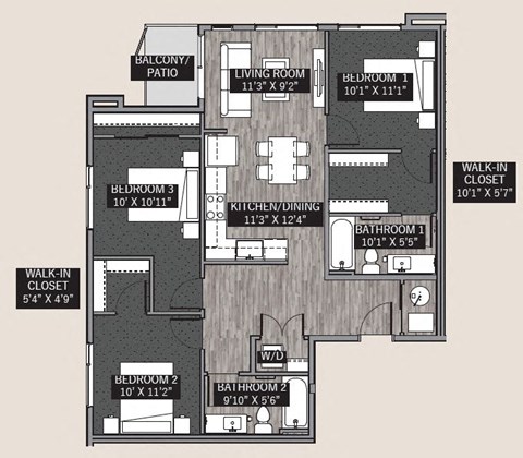 Floor plan for 3 beds, 2 baths, 1106 sqft